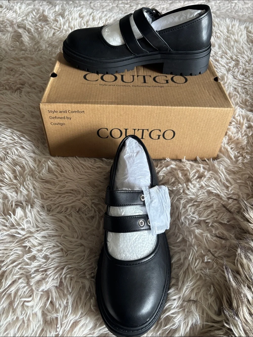 Coutgo Black Double-Strap Mary Jane Platform Shoes - Picture 1 of 4